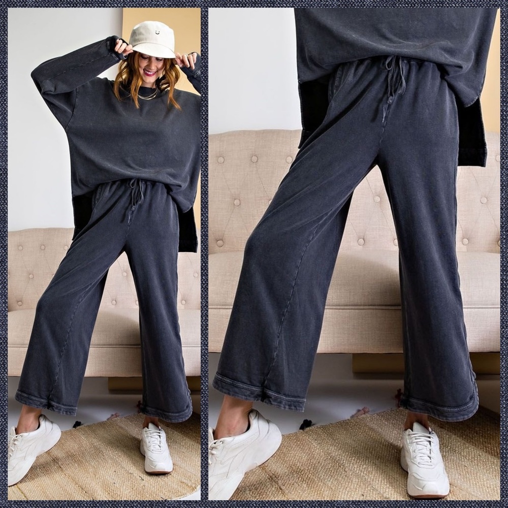 EASEL "So Comfy" Mineral Washed Pants Cotton Terry Side Leg Detail Elastic Waist - Picture 14 of 16